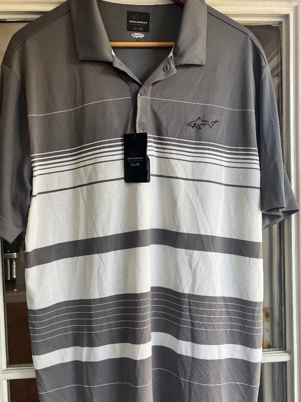Greg Norman Tasso Elba Mens Xl Grey And White Striped Polo Performance